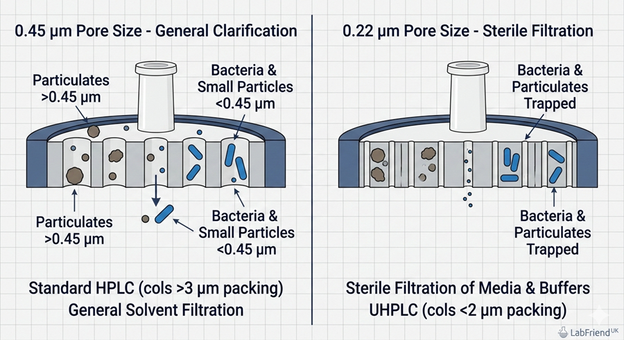 Technical diagram comparing 0.22 micron and 0.45 micron syringe filter pore sizes for bacterial removal and HPLC sample preparation.